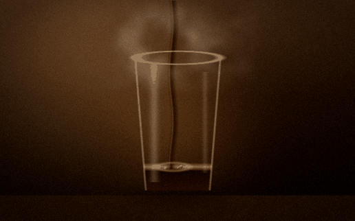 Animated scene of hot coffee filling a glass with rising steam