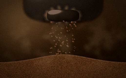 Animated scene of roasted coffee being ground by a burr grinder