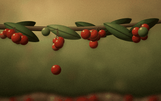 Animated scene of ripe coffee cherries being harvested from the branch