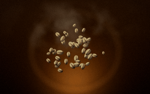 Animated scene of coffee beans tumbling and roasting in a drum